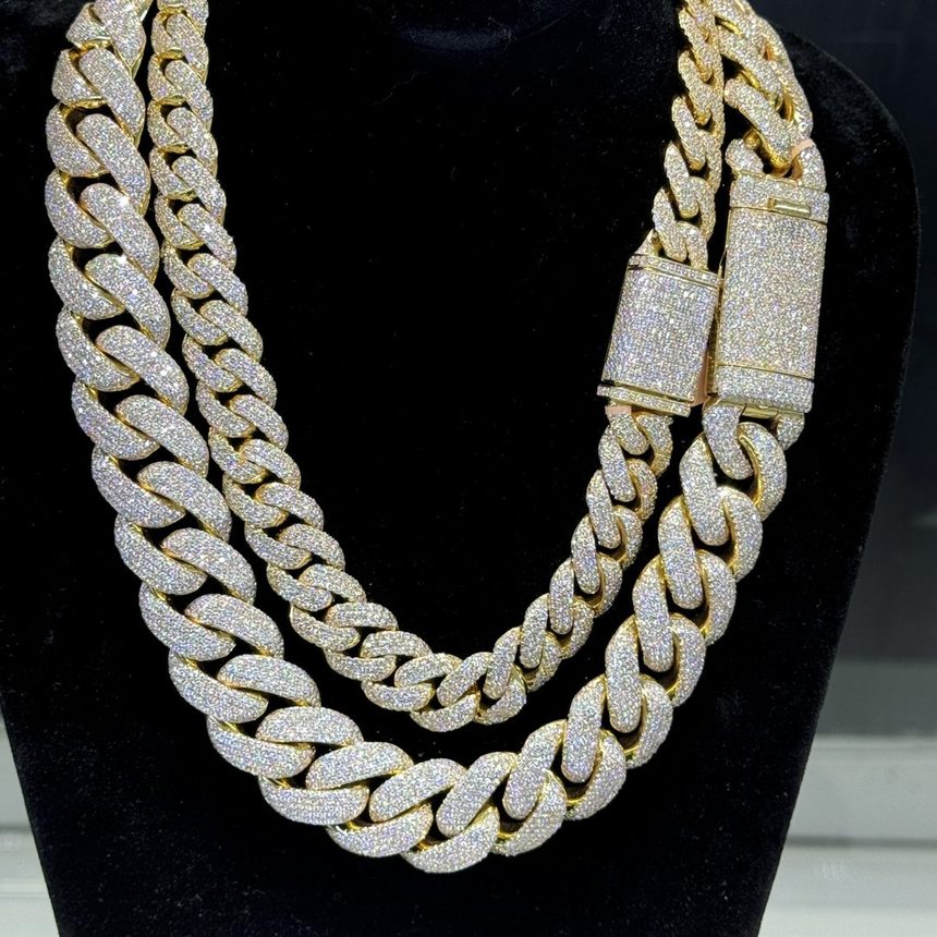 Diamond Cuban link chains, yellow gold