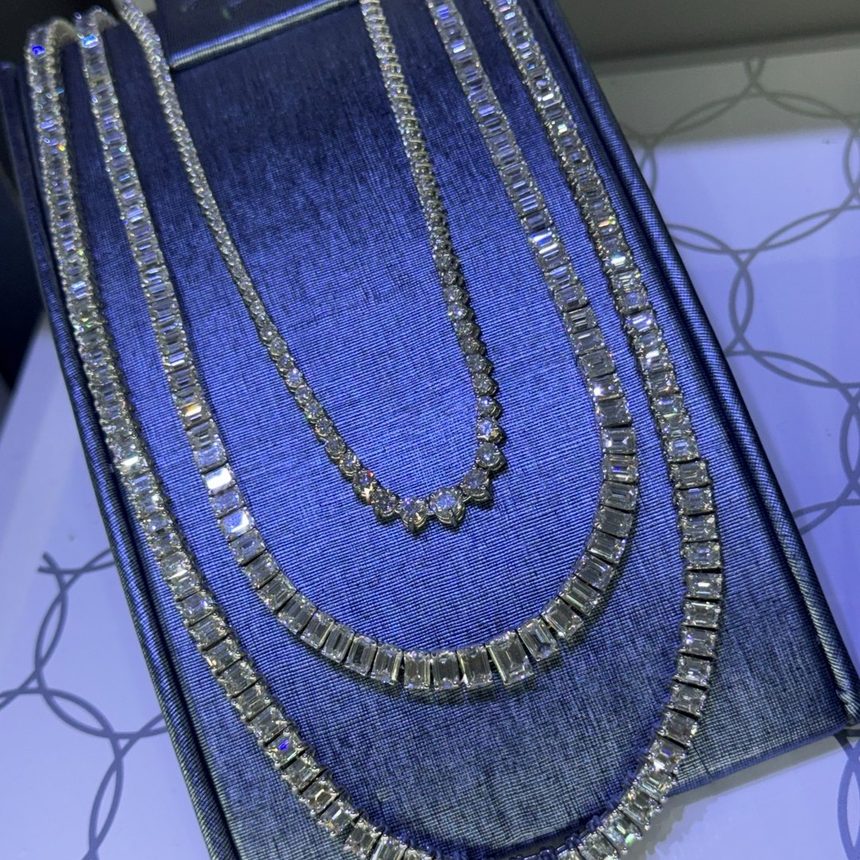 Emerald cut diamond tennis necklaces